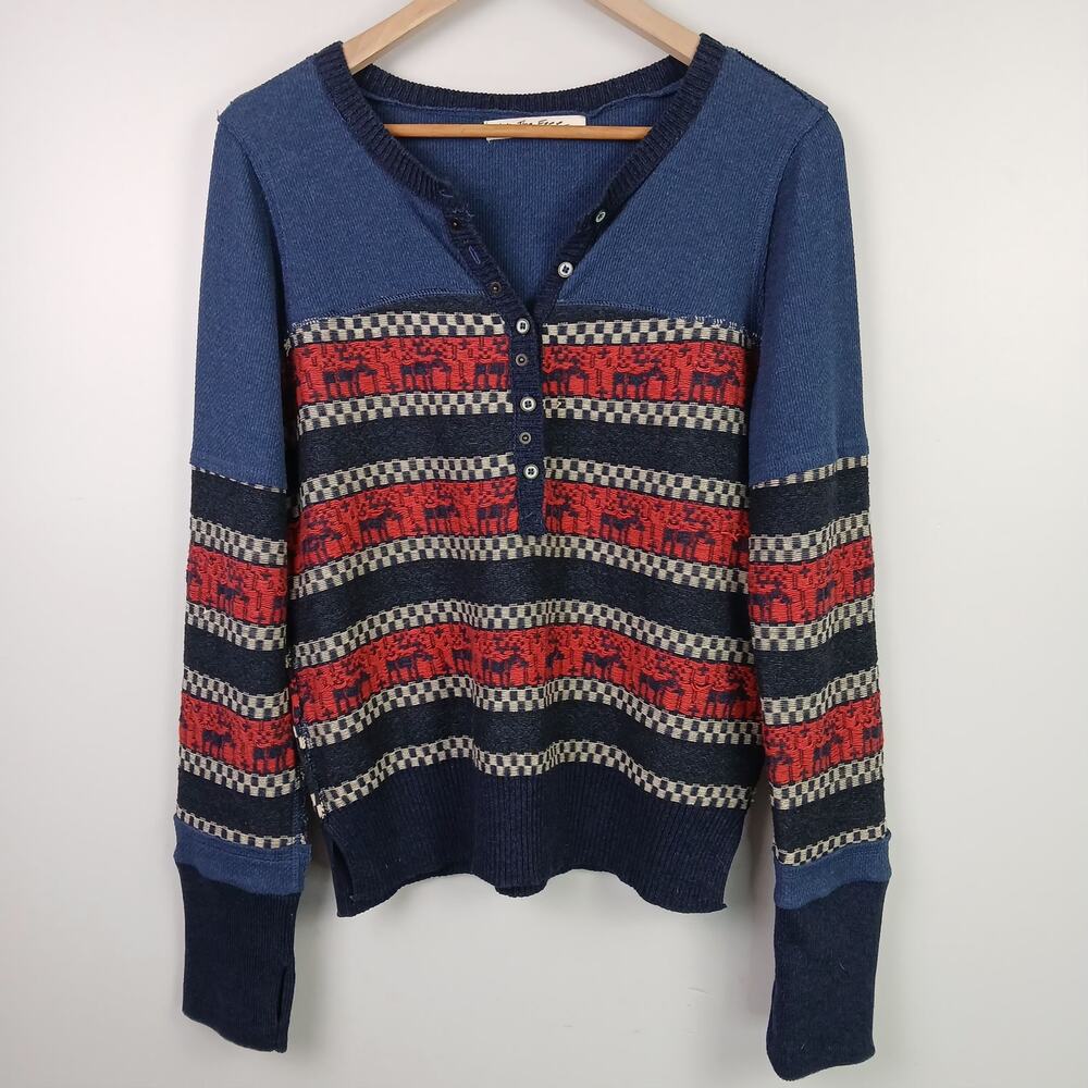 Free People We The Free To The Woods Thermal Henley Sweater in Boy Combo Sz *M/L - Picture 2 of 8